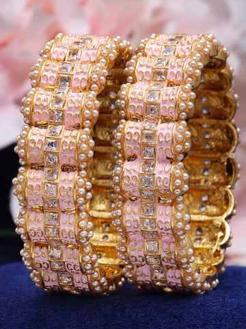 Karatcart Gold Plated Pink Meena Kundan Rajwadi Bangles Set for Women