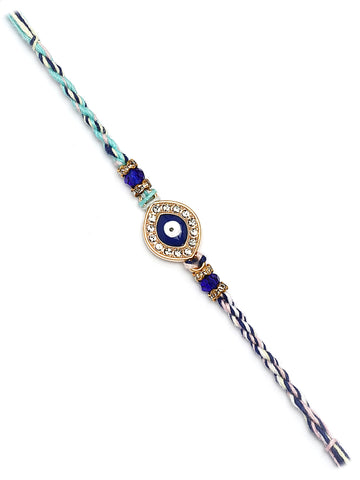 Karatcart Gold Plated Blue Evil Eye and American Diamond Bhiya Rakhi with Roli & Chawal
