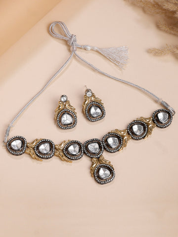 Karatcart Gold Plated Peacock Studded Black Polki Kundan Choker Necklace Set for Women