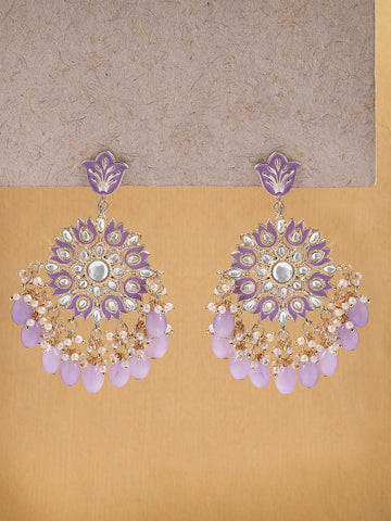 Karatcart Ethnic Purple Meenakari and Gold-Plated Kundan Dangler Earrings with Lavender Beads