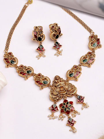 Karatcart Traditional Laxmi Mata Gold Plated Meenakari Temple Jewellery Set for Women