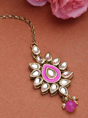 Karatcart Gold Plated Pink Meena Kundan Maangtikka for Women