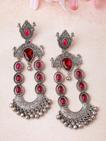 Karatcart Oxidised Silver Red Stone Dangler Earrings for Women