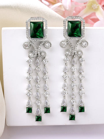 Karatcart Luxurious Green American Diamond Stone Drop Earrings in Silver Plating for Women