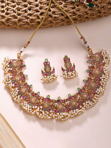 KARATCART Gold-Plated South Indian Laxmi Mata Coin Temple Jewellery Set with Red and Green Stones