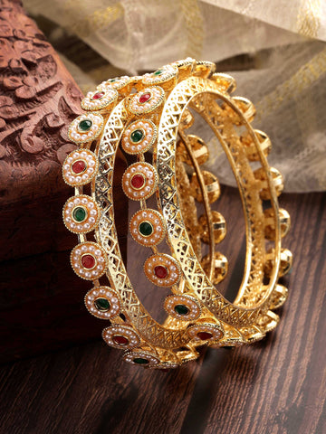 Karatcart Set of 2 Red and Green Stone Studded Gold Plated Pearl Bangles for Women