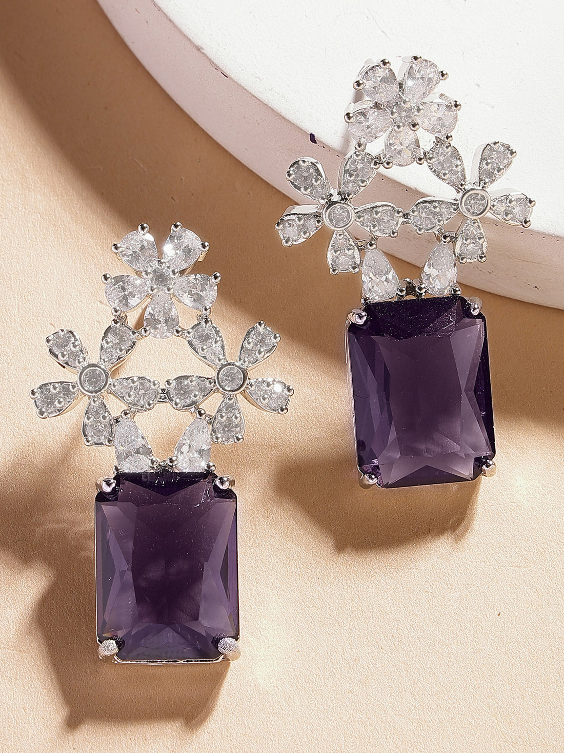 Karatcart Silver Plated Floral Shape Purple American Diamond Studs for Women