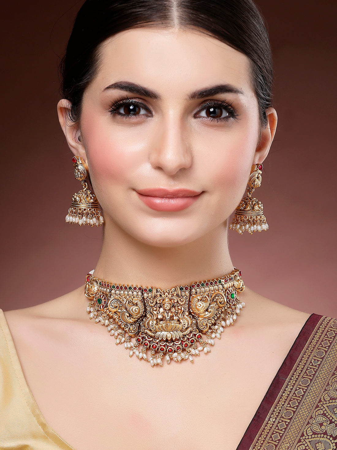 Karatcart Gold Plated Red Beads Laxmi Mata and Peacock Temple Jewellery Set for Women