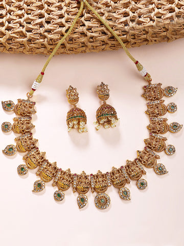 KARATCART Traditional Gold-Plated Green Stones Laxmi Mata Temple Jewellery Set for Women