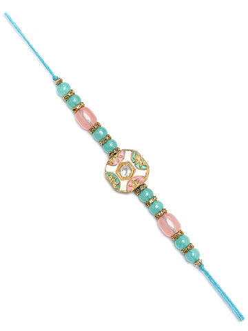 Karatcart Gold Plated Light Blue and Pink Kundan Bhiya Rakhi with Roli & Chawal