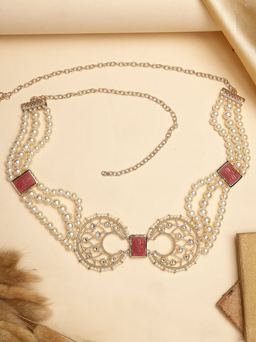 Karatcart Traditional Gold Plated Pink Carved Stone Pearl Beaded Kamarbandh for Women