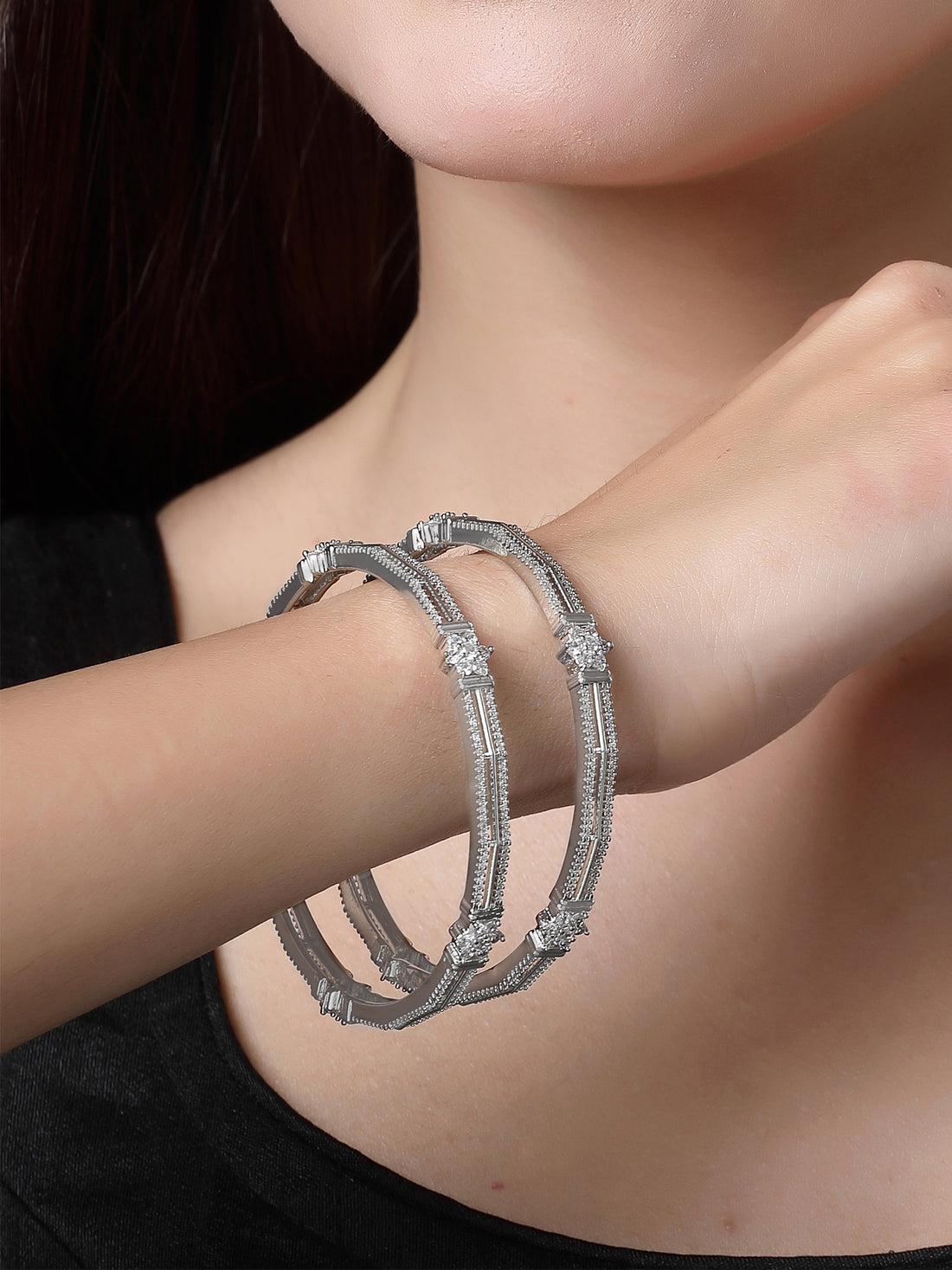Karatcart Set of 2 Silver Plated Floral American Diamond Studded Bangles for Women