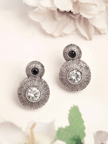 Karatcart Oxidized Silver-Toned Stud Earrings with Textured Design & Crystal Accents for Women