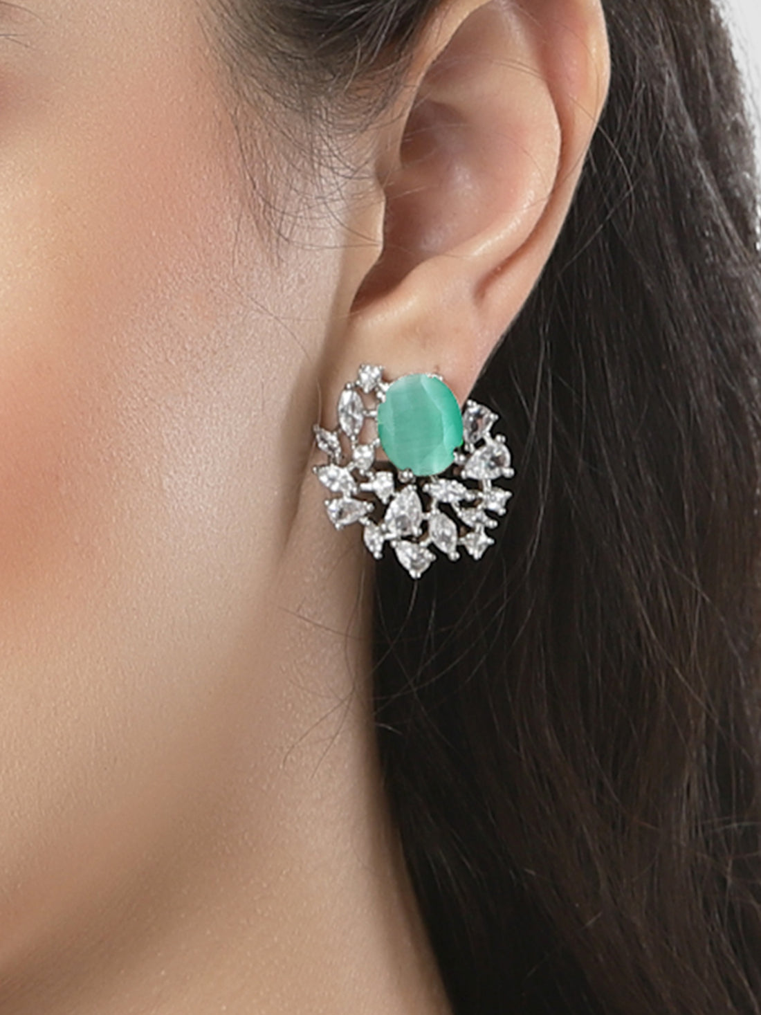 Karatcart Sparkling Lime Green American Diamond Silver Plated Stud Earrings for Women