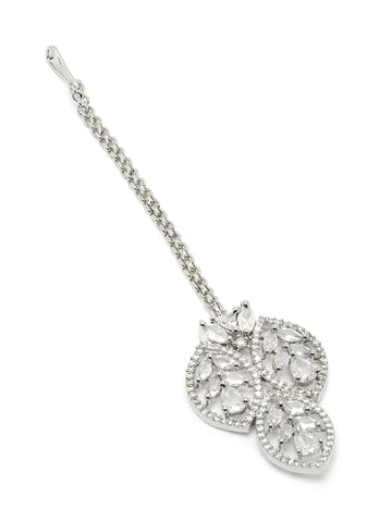 Karatcart Silver Plated Leaf Design American Diamond Maangtikka for Women