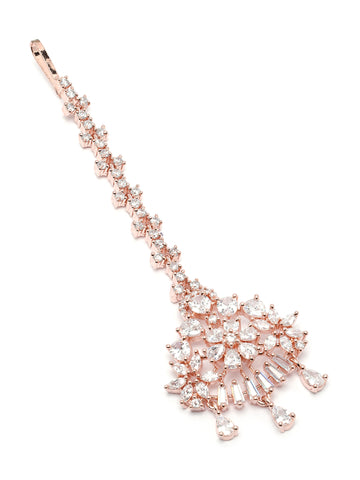 Karatcart Rose Gold Plated Floral Design American Diamond Maangtikka for Women