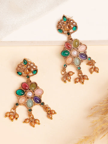 Karatcart Designer Gold-Plated Multicolor Floral Drop Earrings with Lotus Motif for Women
