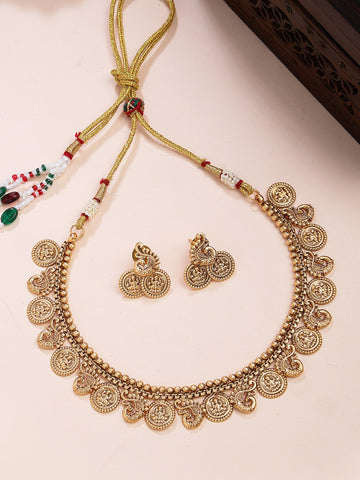 Karatcart Gold Plated Laxmi Mata and Peacock Coin Temple Jewellery Set for Women