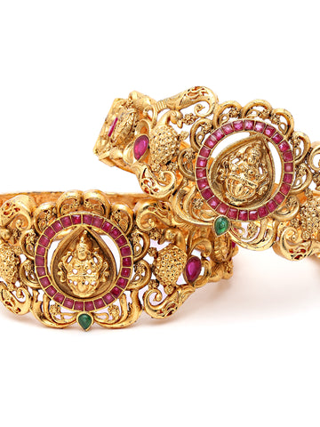 Karatcart Set of 2 Antique Gold Plated Mata Laxmi Design Rajwadi Temple Bangles for Women