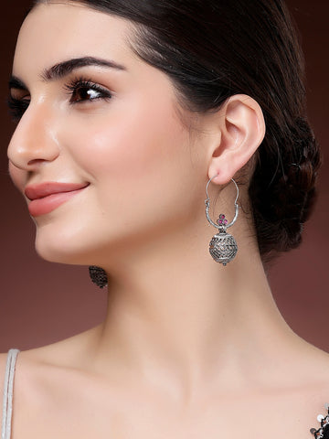 Karatcart Oxidized Silver Pink Stone Hollow Ball Drop Earrings for Women