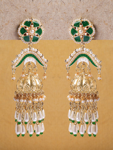 Karatcart Traditional Gold-Plated Green Enamel Kundan Dome Jhumka Earrings with Drop Pearls