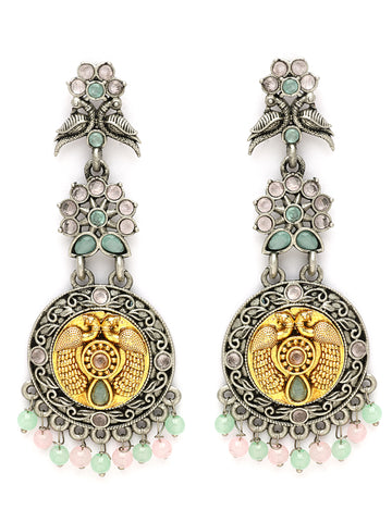 Karatcart Dual-Toned Oxidized Designer Earrings with Peacock Motif, Pastel Stones Danglers for Women