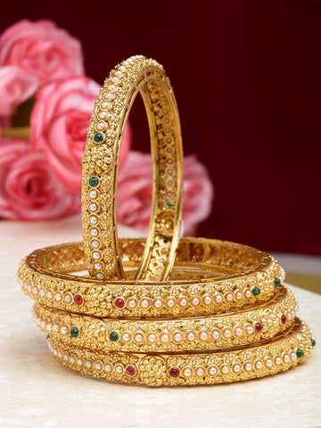 Karatcart Set of 4 Gold Plated Pearl Ball Studded Bangles for Women