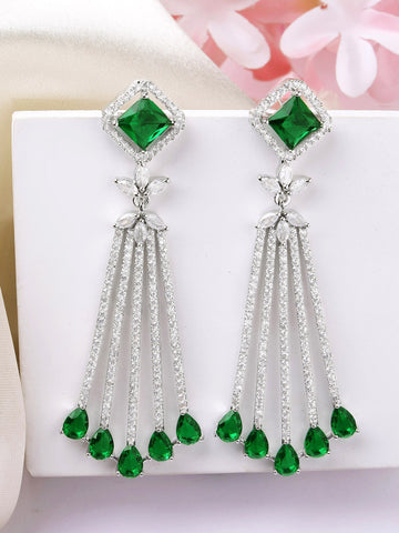 Karatcart Elegant Green and White American Diamond Fan-Shaped Drop Earrings