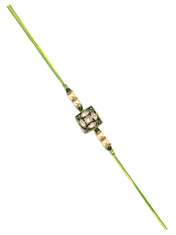 Karatcart Set of 3 Green Enamel Star Design Kundan Rakhi for Brother with Roli & Chawal