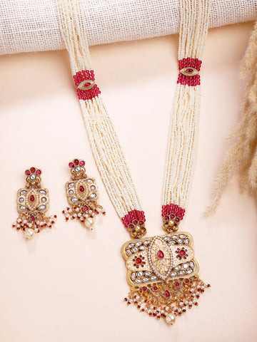 KARATCART Designer Gold-Plated Red Crystal and Pearl Rani Haar Necklace Set for Women