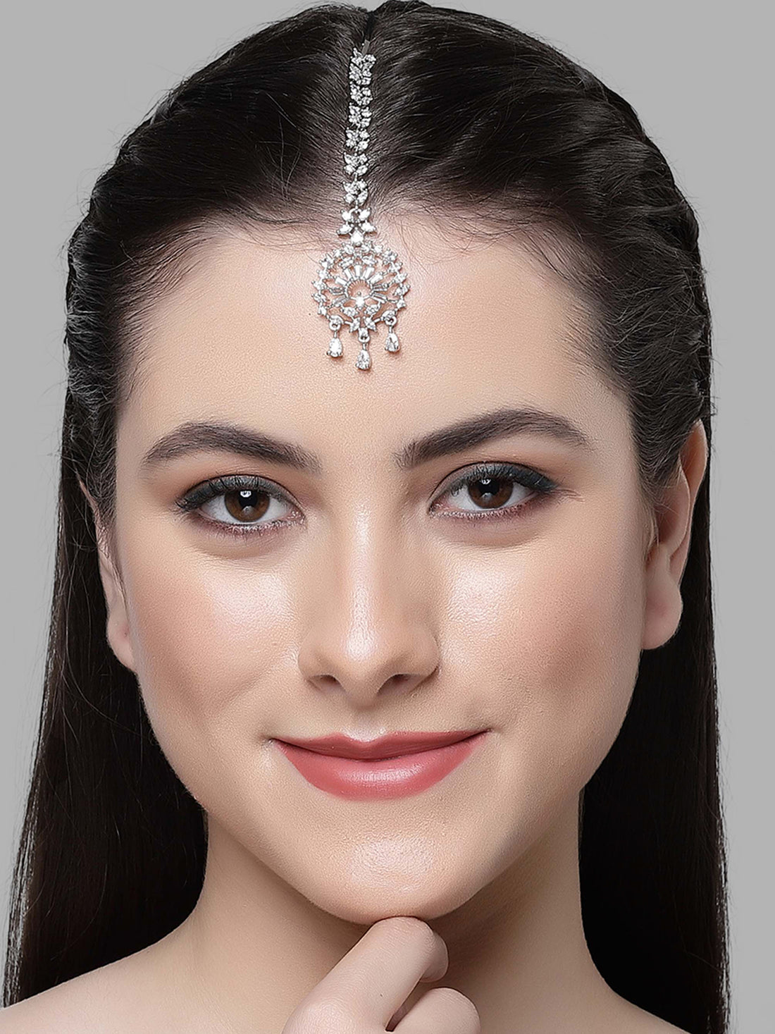 Karatcart Silver Plated AD Maangtikka for Women