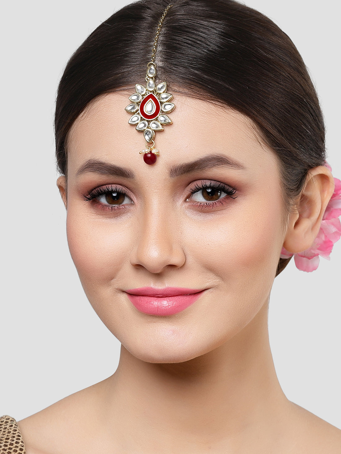 Karatcart Gold Plated Red Meena Kundan Maangtikka for Women