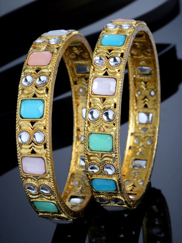 Karatcart Gold Plated Set of 2 Multicolor Kundan Stone Bangles for Women