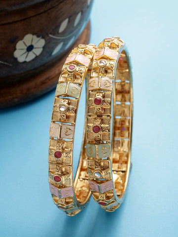 Karatcart Set of 2 Gold Plated Multi Color Meena Floral Bangles for Women