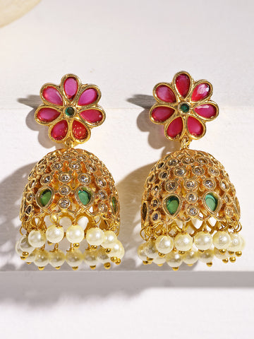 KARATCART Gold Plated Stone Jhumki Pink Earrings for Women