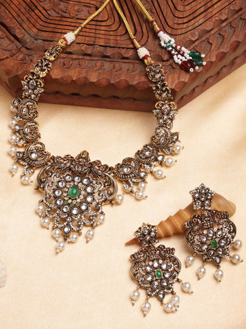 Karatcart Antique Gold Plated Green Stone Temple Jewellery Set for Women