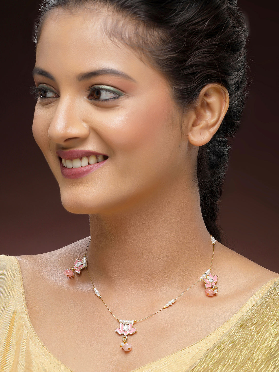 KARATCART Designer Gold-Plated Lotus-Shaped Pink Meena Kundan Minimalist Necklace for Women