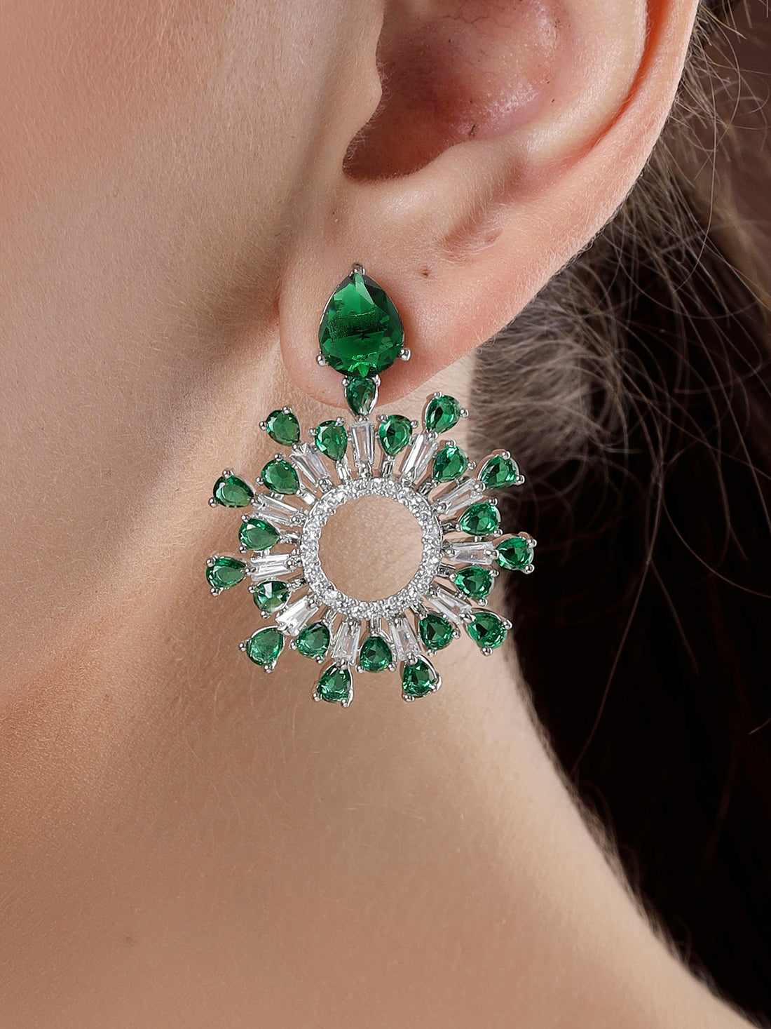 Karatcart Dazzling Green American Diamond Earrings in Silver Finish