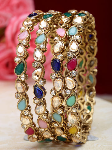 Karatcart Set of 4 Gold Plated Drop Shape Multicolor Stone Studded Bangles for Women