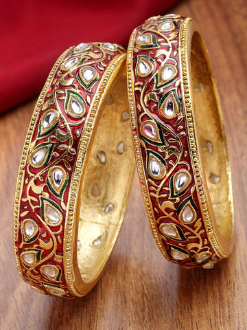Karatcart Set of 2 Antique Red Meena Gold Plated Bangles for Women