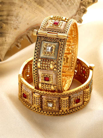 Karatcart Set of 2 Gold Plated Square Floral Design Multi Color Meena Bangles for Women
