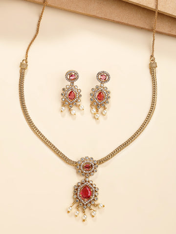 KARATCART Elegant Gold-Plated Red Drop American Diamond and Pearl Jewellery Set for Women