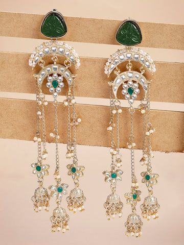 Karatcart Ethnic Gold Plated Green Carved Stone Long Dangler Earrings with Jhumkis