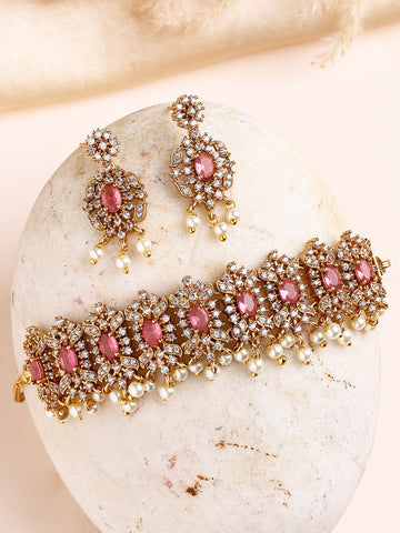 KARATCART Designer Gold-Plated Red American Diamond and Pearl Choker Necklace Set for Women