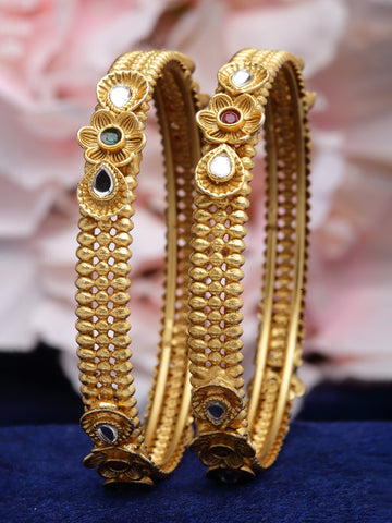 Karatcart Gold Plated Set of 2 Floral Design Bangles Set for Women