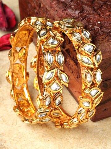 Karatcart Set of 2 Polki Gold-Plated Pearl Studded Bangles for Women