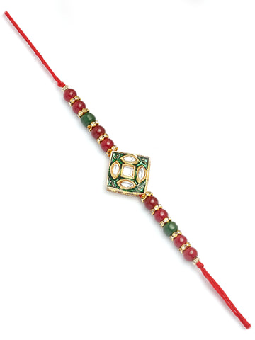 Karatcart Red and Green Beads Polki Kundan Bhiya Bhabhi Rakhi with Roli & Chawal