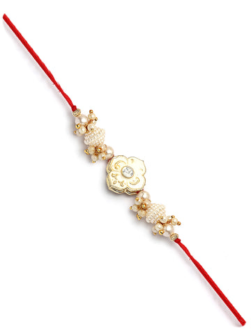 Karatcart Gold Plated White Meenakari Floral Kundan Bhiya Bhabhi Rakhi with Roli & Chawal