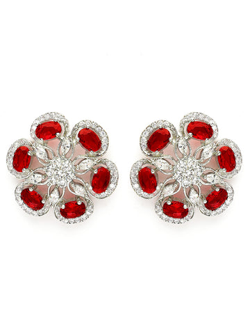 Karatcart Elegant Floral Design Red American Diamond Stud Earrings for Women