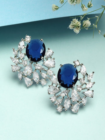 Karatcart Sparkling Blue American Diamond Silver Plated Stud Earrings for Women